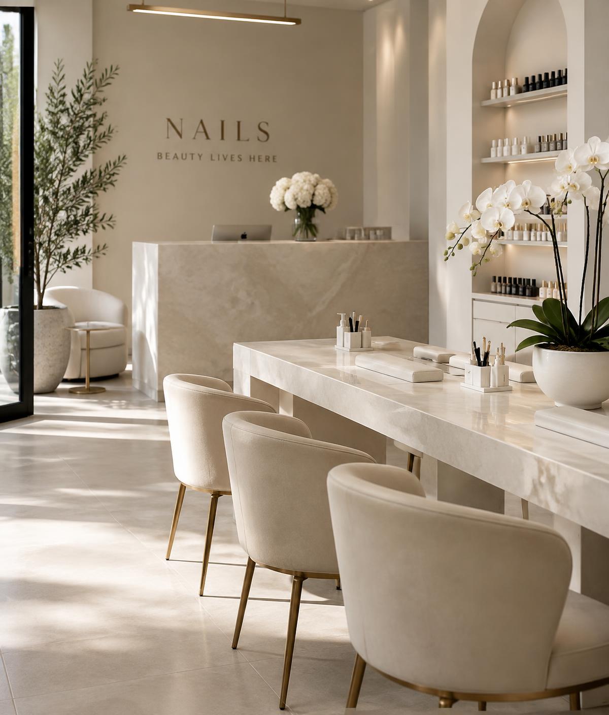The calm beige interior of Bella Nails Studio