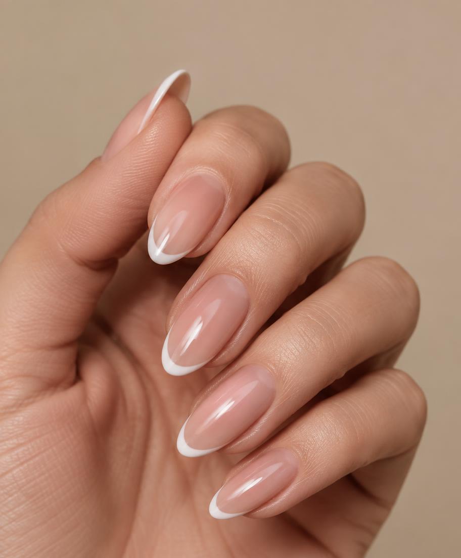 Soft french manicure on almond nails
