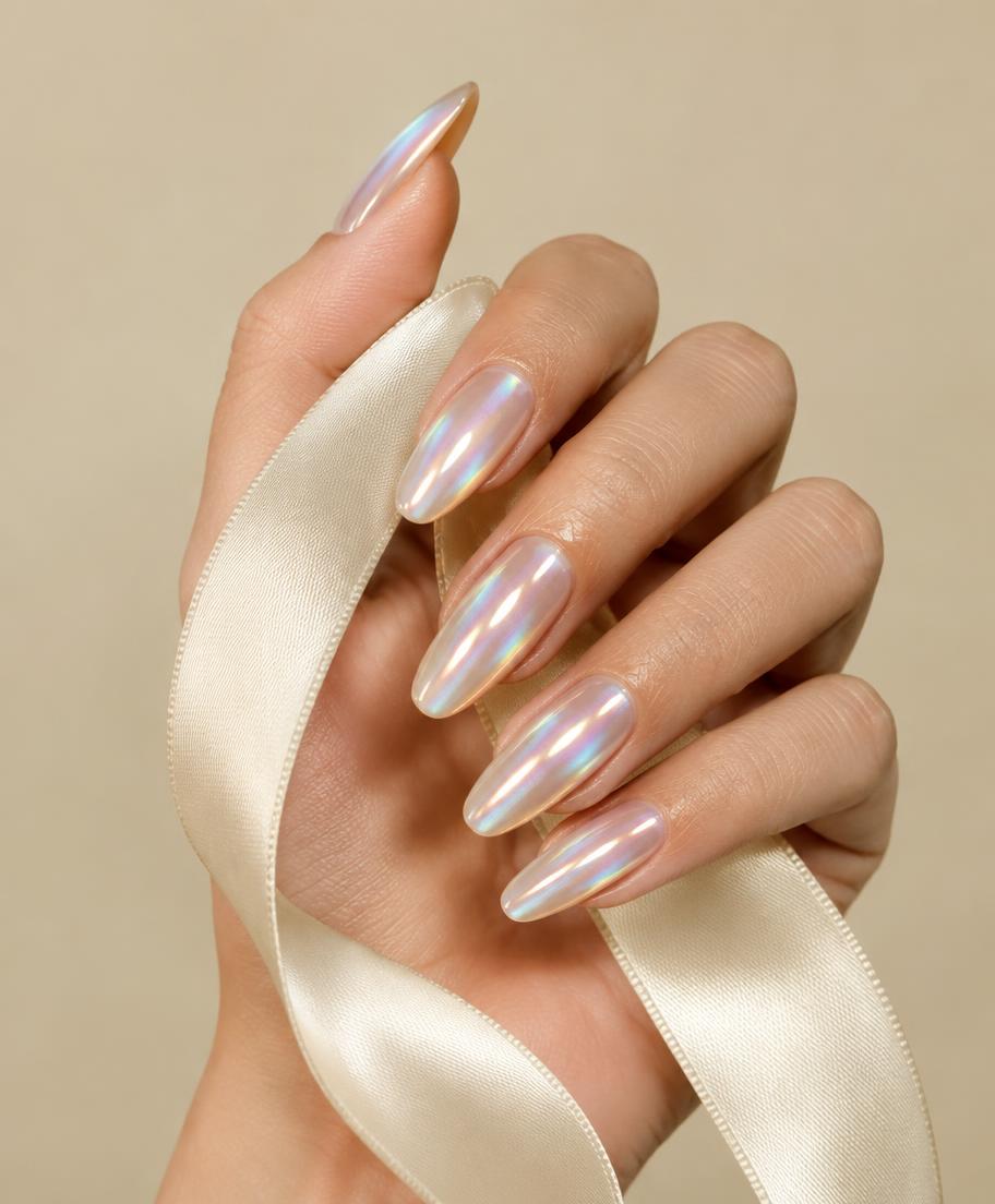 Pearl chrome gel nails with a cream ribbon